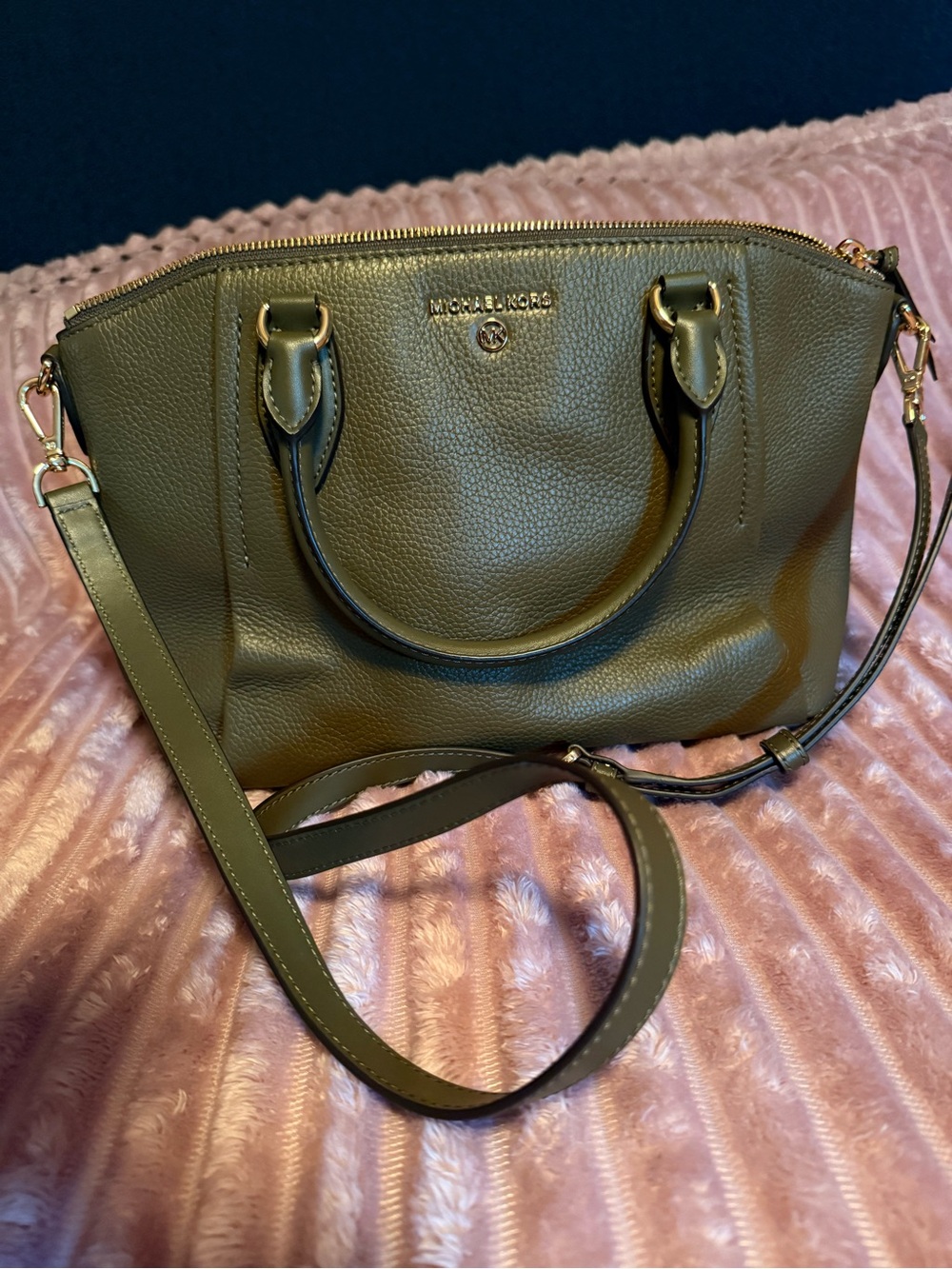 Michael Kors Olive Green Pebbled Leather Satchel with Gold Hardware